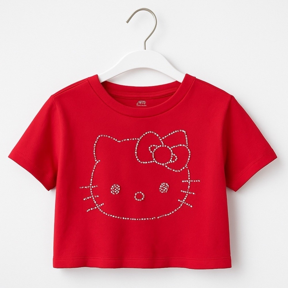 Hello Kitty Crop Top NWT Girls XS TP 4/5 Red Rhinestone Graphic Short Sleeve